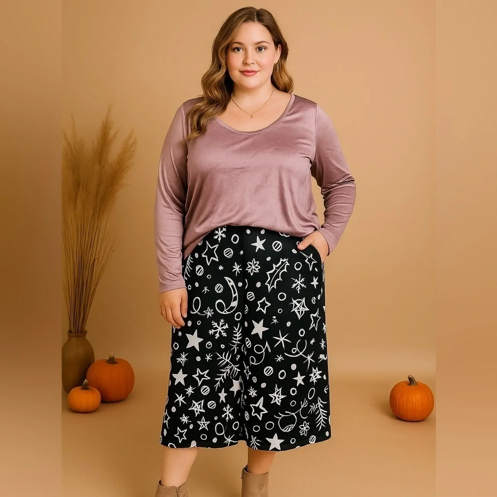 139. Velvet Elegance Purple Satin Top and Black Star Print Culottes